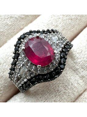 Chuck Clemency Ring Ruby Black Spinel White Topaz Size 8 Sterling Silver